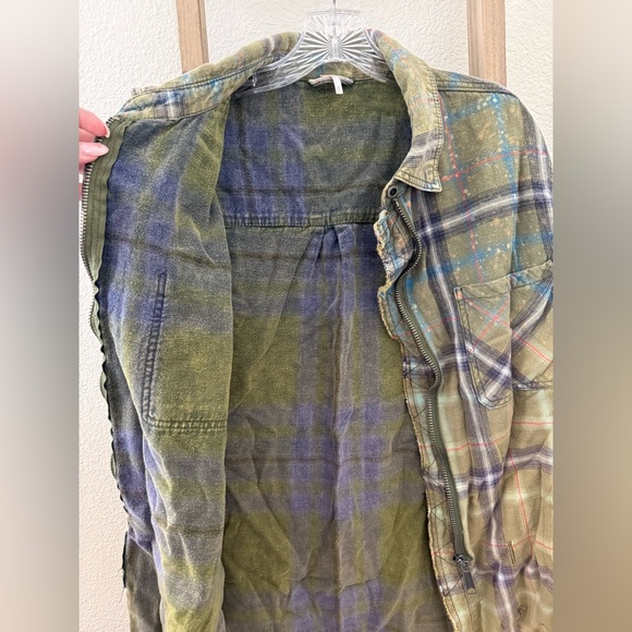 Free People Green and Blue Distressed Flannel Shacket - Picture 8 of 9